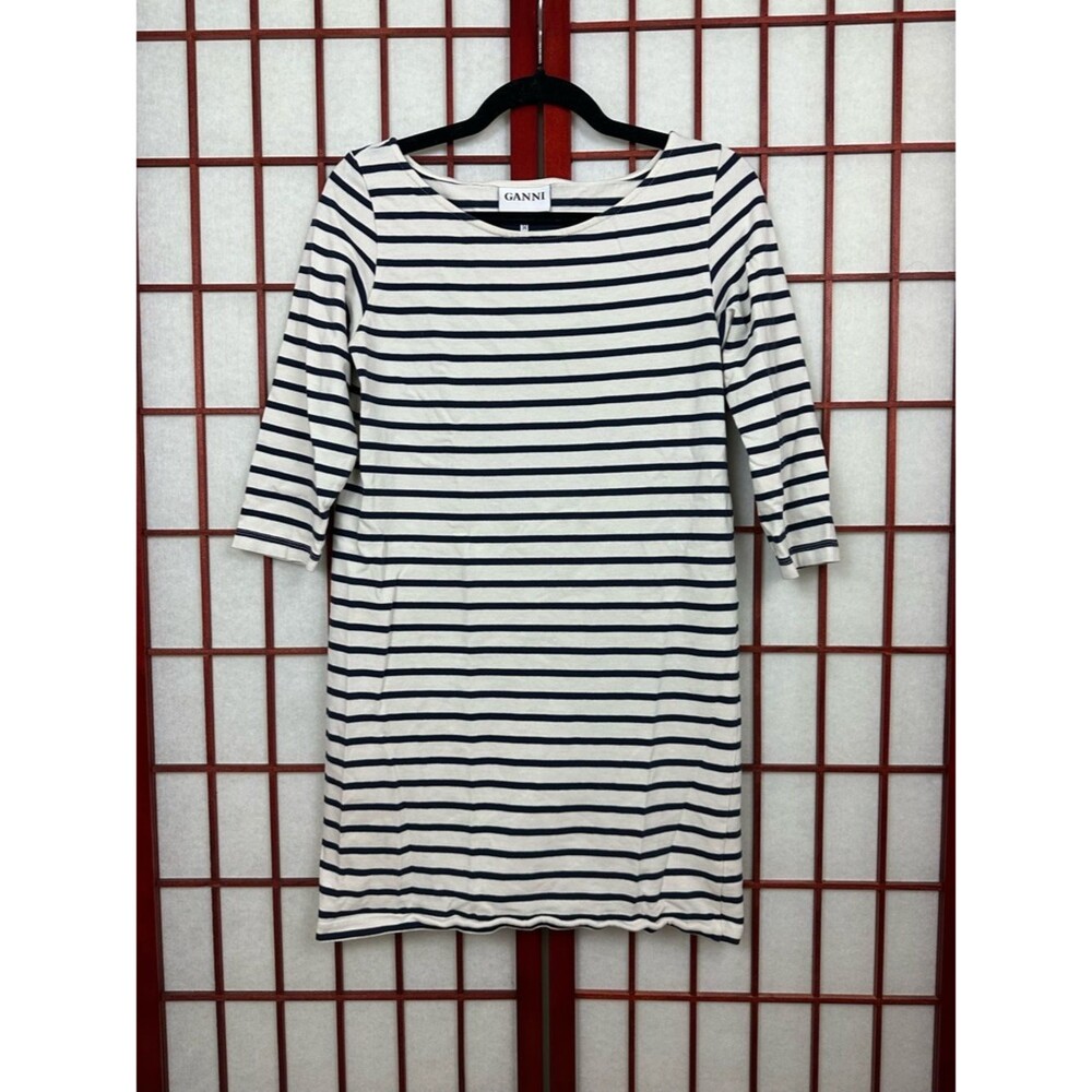Ganni White Black Striped Minimalist 3/4 Sleeve Casual Dress Capsule Medium